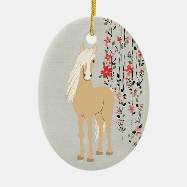 Personalized Palomino Pony and Flowers Horse Ceramic Ornament (Front)