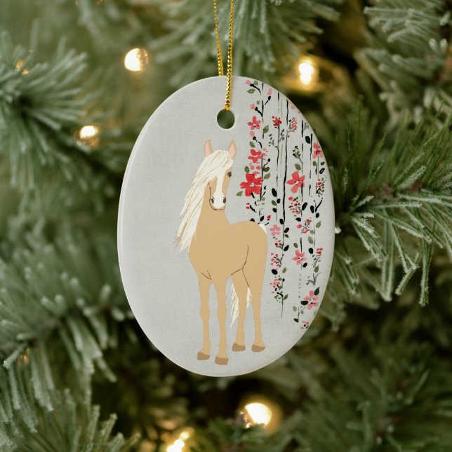 Personalized Palomino Pony and Flowers Horse Ceramic Ornament (Tree)
