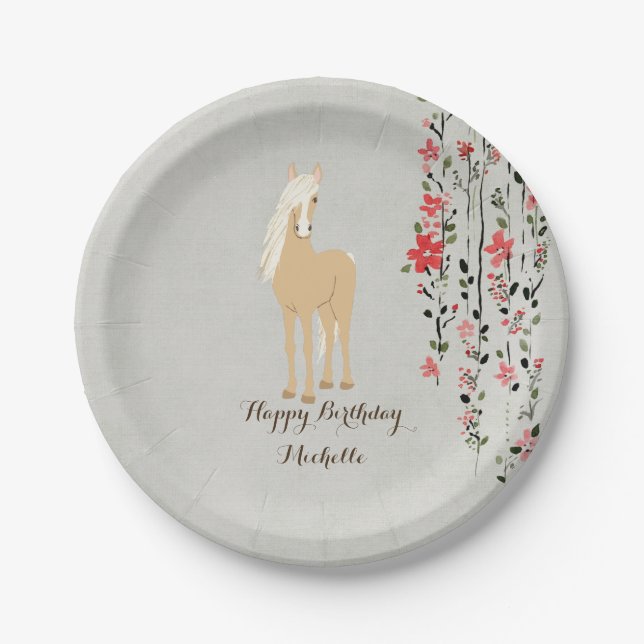 Personalized Palomino Pony Flowers Horse Birthday Paper Plate (Front)