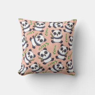 Personalized Panda Bamboo Leaf Pink Background Throw Pillow