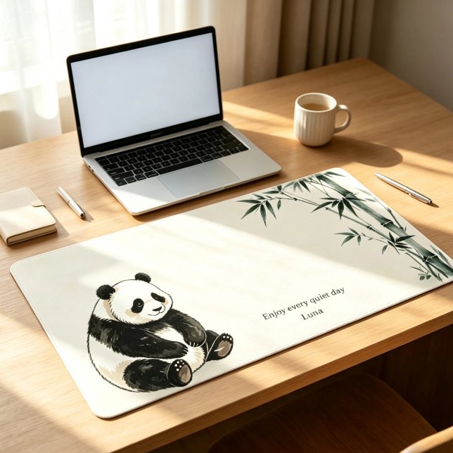 Personalized Panda Bamboo Office Desk Mat (Personalized panda bamboo desk mat with name, featuring cute watercolor panda and bamboo art.)