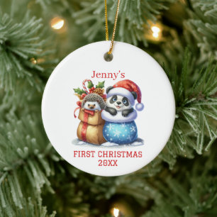 Personalized Panda Bear and Hedgehog Cub Christmas Ceramic Ornament