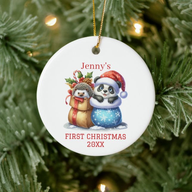 Personalized Panda Bear and Hedgehog Cub Christmas Ceramic Ornament (Tree)