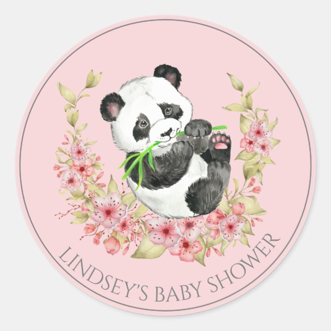Personalized Panda Bear Floral Baby Shower Classic Round Sticker (Front)