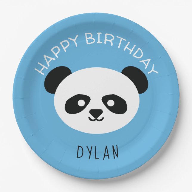 Personalized Panda Bear Kawaii Birthday Boys Blue Paper Plate (Front)