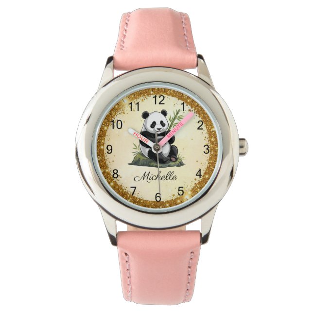 Personalized Panda Bear With Greenery Bamboo Gold Watch (Front)