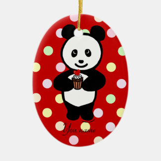 Personalized Panda Cartoon and Polka Dots Ceramic Ornament