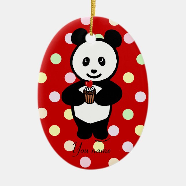 Personalized Panda Cartoon and Polka Dots Ceramic Ornament (Front)