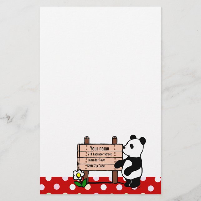 Personalized Panda Cartoon and Polka Dots Stationery (Front)