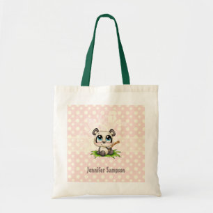 Personalized panda pink polkadots tote bag