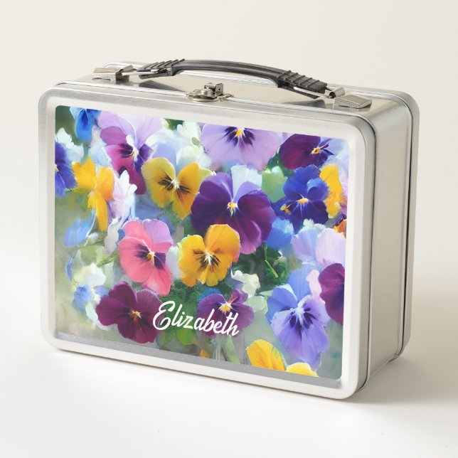 Personalized Pansies Metal Lunch Box (Front)