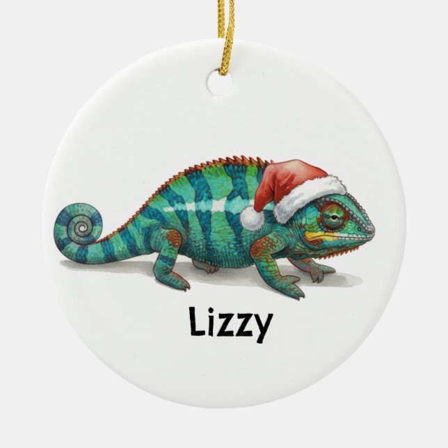 Personalized Panther Chameleon at Christmas Ceramic Ornament (Front)