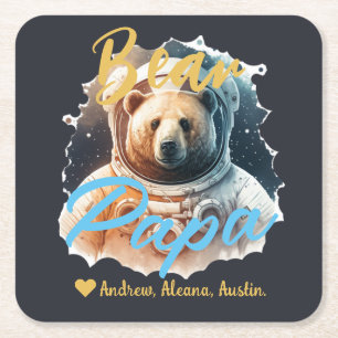 Personalized Papa Bear Simple chic Names Astronaut Square Paper Coaster