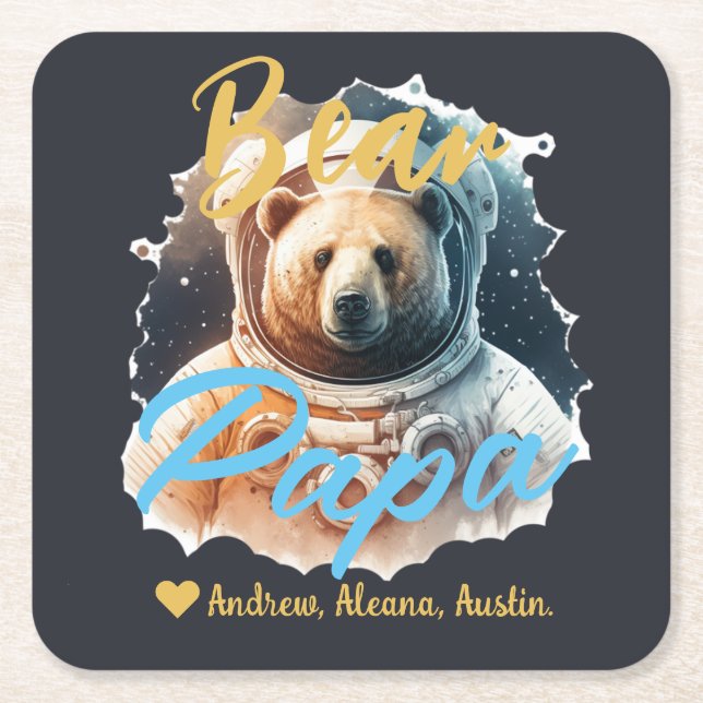 Personalized Papa Bear Simple chic Names Astronaut Square Paper Coaster (Front)