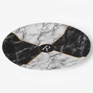 Personalized Paper Plates Black White Marble