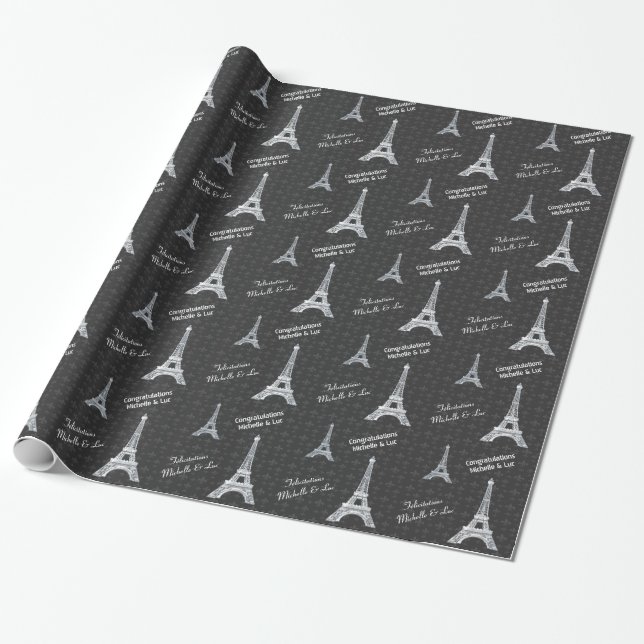 Personalized Paris Eiffel Tower on Black Wrapping Paper (Unrolled)