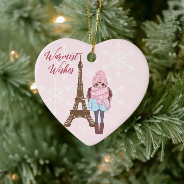 Personalized Paris Eiffel Tower Pink Christmas Ceramic Ornament (Tree)