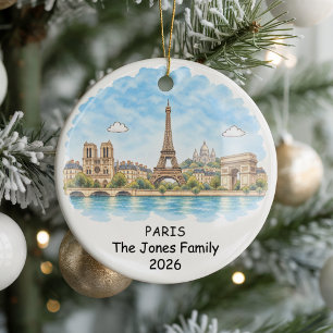 Personalized Paris, Soft Watercolor Travel Gift Ceramic Ornament