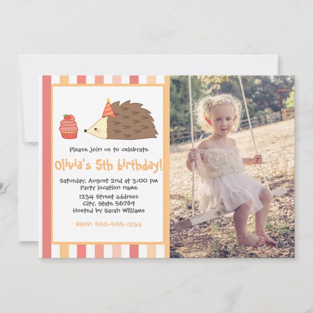 Personalized Party Hedgehog and Cupcake Invitation (Front)