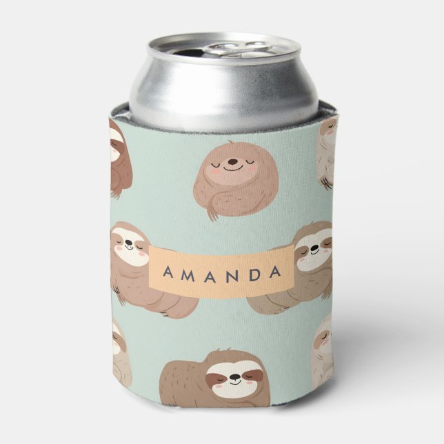 Personalized Pastel Adorable Sloth Pattern Can Cooler (Can Front)