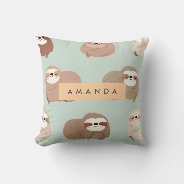 Personalized Pastel Adorable Sloth Pattern Throw Pillow (Front)