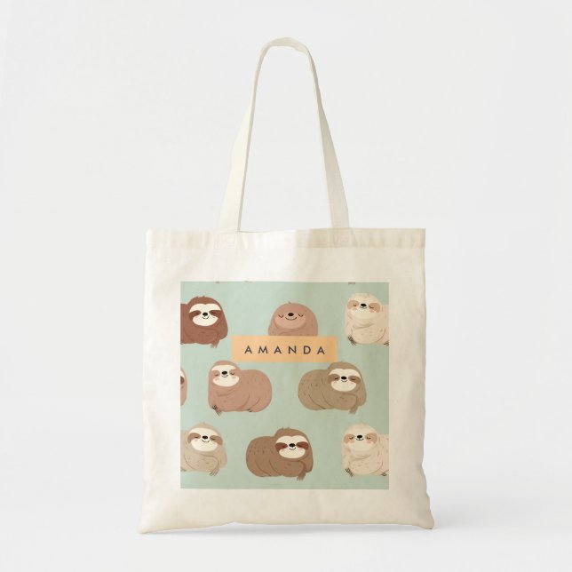 Personalized Pastel Adorable Sloth Pattern Tote Bag (Front)