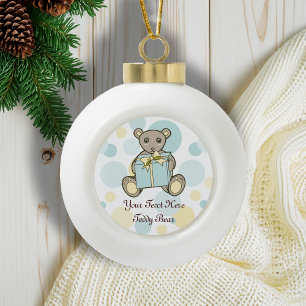 Personalized Pastel Blue and Yellow Teddy Bear Ceramic Ball Christmas Ornament