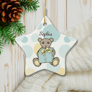 Personalized Pastel Blue and Yellow Teddy Bear Ceramic Ornament