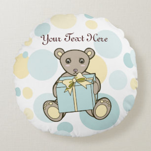 Personalized Pastel Blue and Yellow Teddy Bear Round Pillow