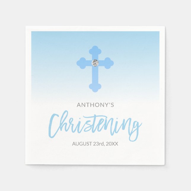 Personalized Pastel Blue Boy Cross CHRISTENING Napkin (Front)