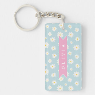 Personalized Pastel Blue Daisy Coquette Girly Cute Keychain