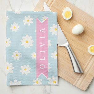 Personalized Pastel Blue Daisy Coquette Girly Cute Kitchen Towel