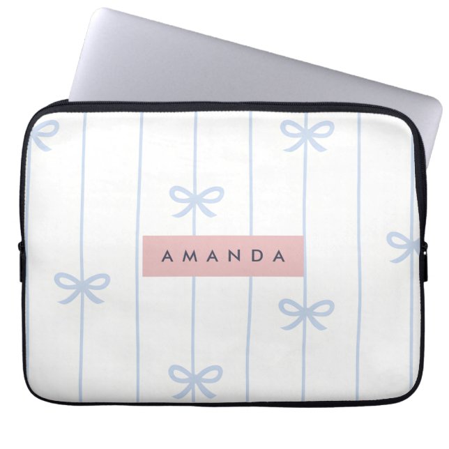 Personalized Pastel Blue Ribbon Pattern Laptop Sleeve (Front)