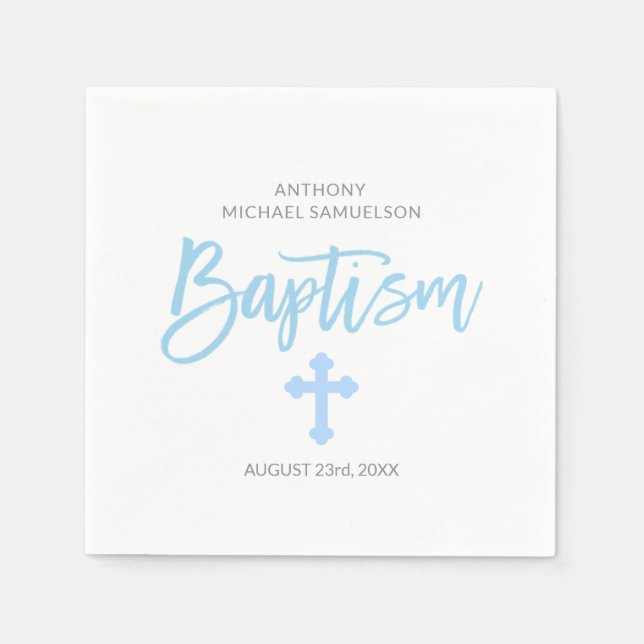 Personalized Pastel Blue White Boy Cross BAPTISM Napkin (Front)