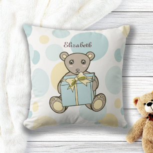 Personalized Pastel Blue Yellow Cute Teddy Bear Throw Pillow