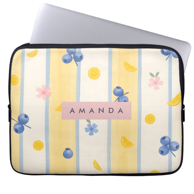 Personalized Pastel Blueberry & Lemon Pattern Laptop Sleeve (Front)