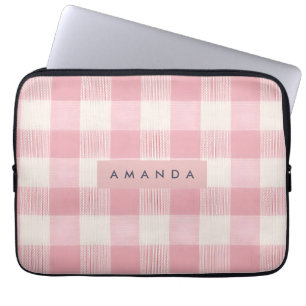 Personalized Pastel Blush Pink Gingham Laptop Sleeve