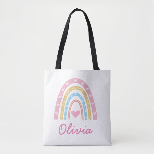 Personalized Pastel boho rainbow  girl Name  Tote Bag (Front)
