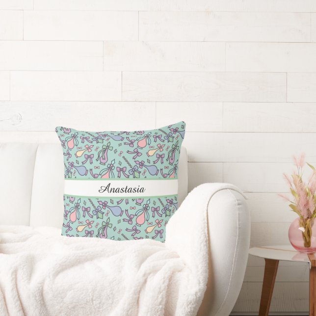 Personalized Pastel Bow Name Throw Pillow (Couch)