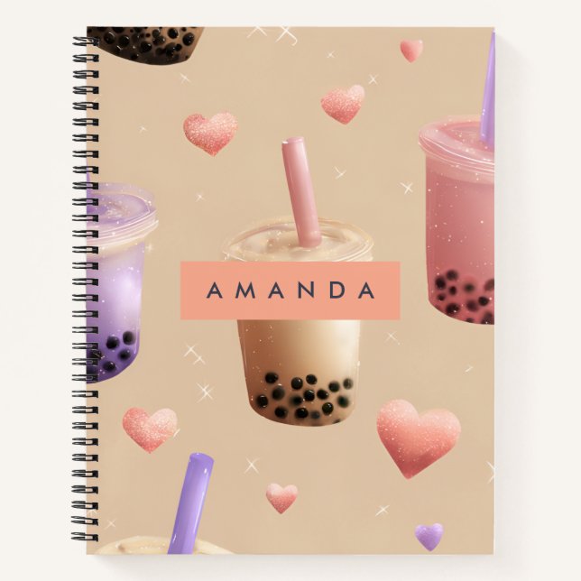 Personalized Pastel Bubble Tea Pattern Notebook (Front)