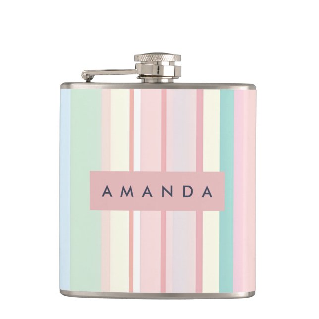 Personalized Pastel Candy Stripe Design Hip Flask (Front)