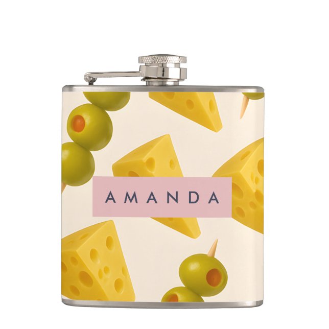 Personalized Pastel Cheese and Olive Pattern Hip Flask (Front)