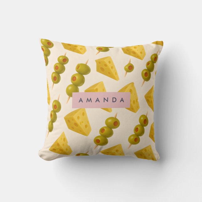 Personalized Pastel Cheese and Olive Pattern Throw Pillow (Front)