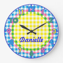 Personalized Pastel Chequered Kids Clock w/numbers