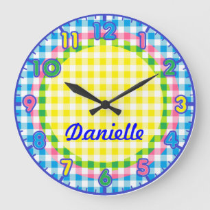 Personalized Pastel Chequered Kids Clock w/numbers