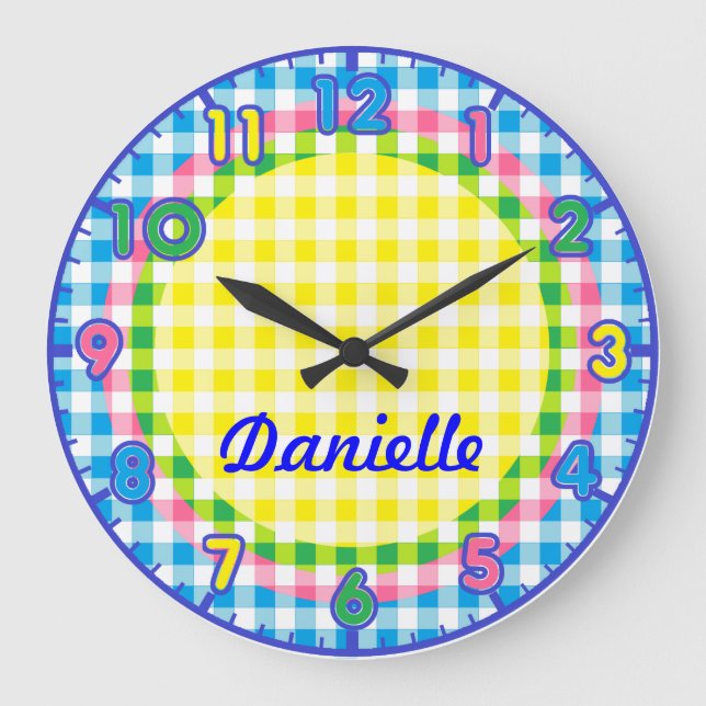 Personalized Pastel Chequered Kids Clock w/numbers (Front)