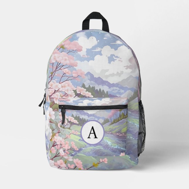 Personalized Pastel Cherry Blossoms Watercolor Printed Backpack (Front)