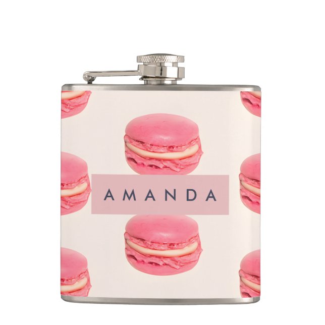 Personalized Pastel Chic Pink Macaron Pattern Hip Flask (Front)
