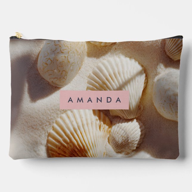 Personalized Pastel Coastal Seashells on Sand  Accessory Pouch (Front)