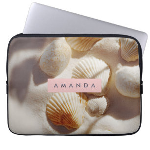 Personalized Pastel Coastal Seashells on Sand Laptop Sleeve